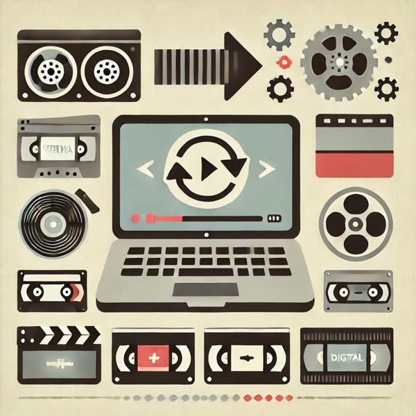 A flat, modern icon representing media transfer services. The design features a laptop screen displaying symbols of old media formats such as VHS tapes, film reels, audio cassettes, and photographs. A gear icon above the screen symbolizes the digital conversion process. The color palette includes soft neutral tones with subtle red and gray accents.