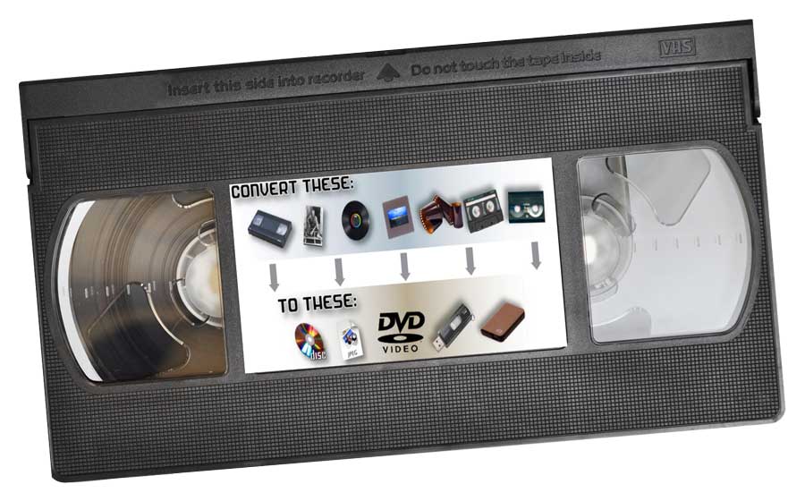 Alt Description: A VHS tape featuring a label that illustrates the process of video transfer from VHS, Mini-DV, and other old formats to new digital formats like DVD, USB, and digital files. This image represents the preservation and modernization of analog media for easy viewing and sharing.