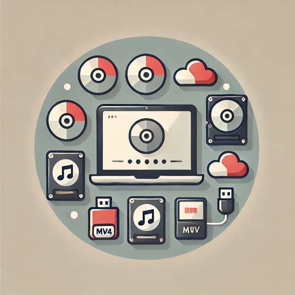 A flat, modern icon representing digital media storage and sharing. The design includes symbols of a DVD, hard drive, flash drive, and cloud storage, along with file format icons for MP4, AVI, MOV, and WMV. A laptop or digital screen emphasizes accessibility. The color scheme features soft neutral tones with subtle red and gray accents.