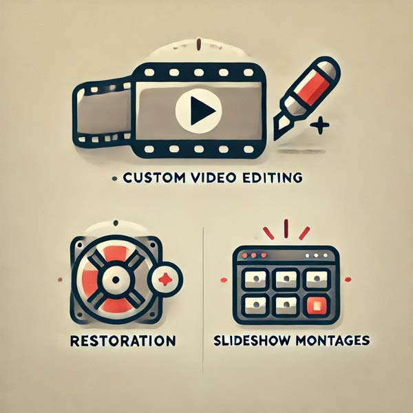 A flat, modern icon representing AWV Production’s key services. The design includes symbols for custom video editing (a film strip with a cutting tool), restoration (a refresh or repair symbol over a video frame), and slideshow montages (a stack of images or a disc with pictures). The color scheme features soft neutral tones with subtle red and gray accents, creating a clean and professional look.