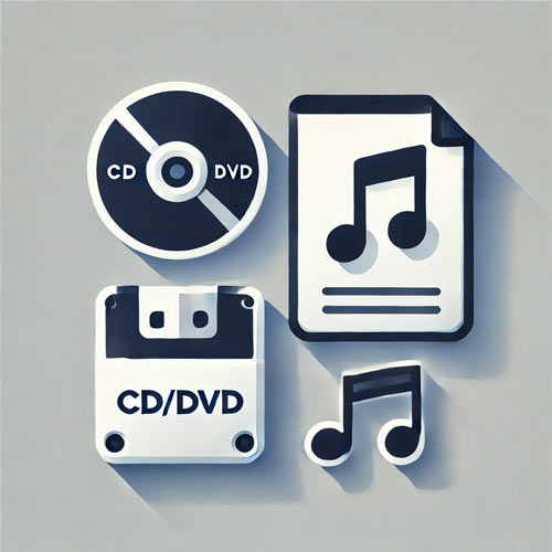 Icon representing audio storage options for audio transfer services, featuring a CD/DVD, an external hard drive, and a file folder with a music note in shades of white, blue, and gray.