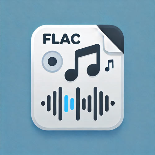 Icon representing FLAC audio format for audio transfer services, featuring a file icon labeled “FLAC,” a music note, and sound wave graphics in shades of white, blue, and gray.