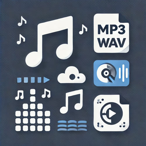 Icon representing MP3 and WAV audio formats for audio transfer services, featuring a music note, file icons labeled “MP3” and “WAV,” and sound wave graphics in shades of white, blue, and gray.