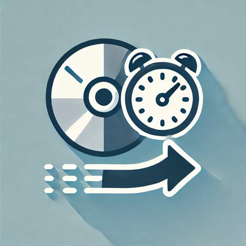 Icon representing fast turnaround times for CD and DVD duplication services, featuring a CD/DVD, a clock, and an arrow symbolizing speed in shades of white, blue, and gray.