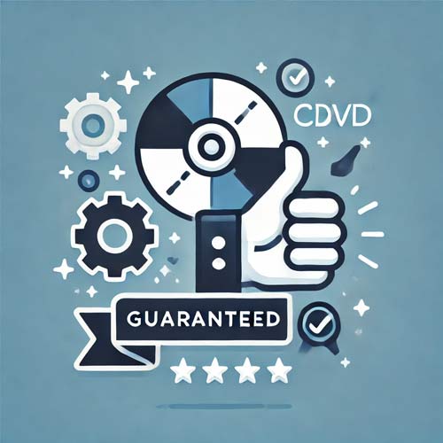 Icon representing guaranteed satisfaction for CD and DVD duplication services, featuring a CD/DVD icon, a ribbon, and a thumbs-up symbol in shades of white, blue, and gray.