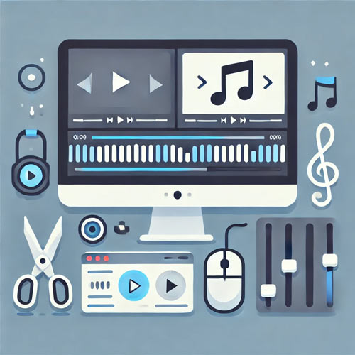 Flat, modern icon representing expert corporate video editing, featuring a computer screen with a video timeline, scissors, a music note, and color adjustment sliders in shades of white, blue, and gray, symbolizing professional editing for corporate projects.