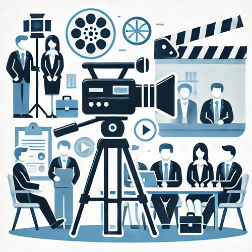 Flat, modern icon representing professional filming for corporate videos, featuring a video camera on a tripod, a business setting with people in the background, and a clapperboard in shades of white, blue, and gray.