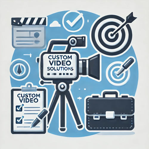 Flat, modern icon representing custom video solutions for businesses, featuring a video camera, a checklist, a target symbol, and a business briefcase in shades of white, blue, and gray, symbolizing tailored video content for corporate needs.