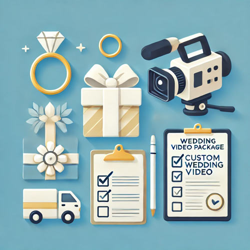 Flat, modern icon representing custom wedding video packages. Includes a wedding ring, a gift box with a ribbon, a video camera, and a checklist in shades of white, gold, and blue, reflecting a professional and elegant style.