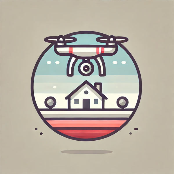 A modern, flat icon showing a drone hovering over a house, capturing aerial footage. The clean design and soft neutral tones represent the unique perspectives and high-quality visuals provided by professional drone videography.