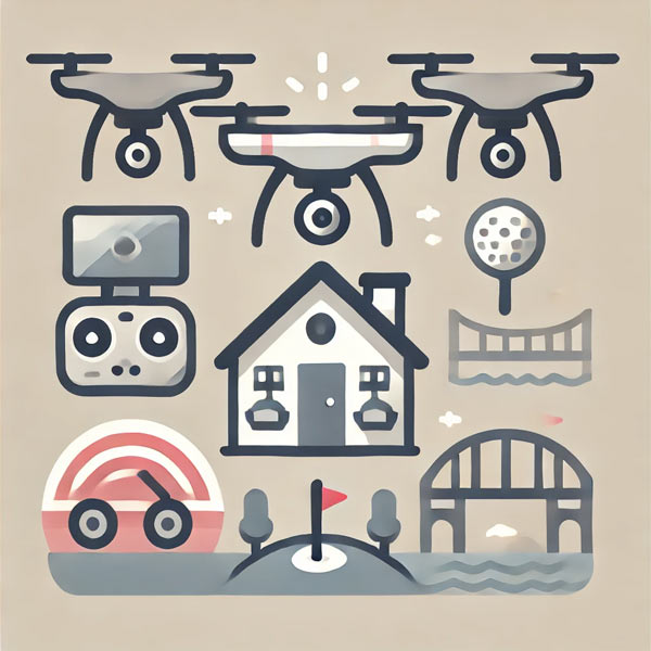 A modern icon representing versatile drone applications, featuring a drone hovering over a house, a golf course, and a bridge. The design symbolizes real estate, event coverage, and infrastructure inspection with clean lines and subtle red and gray tones.