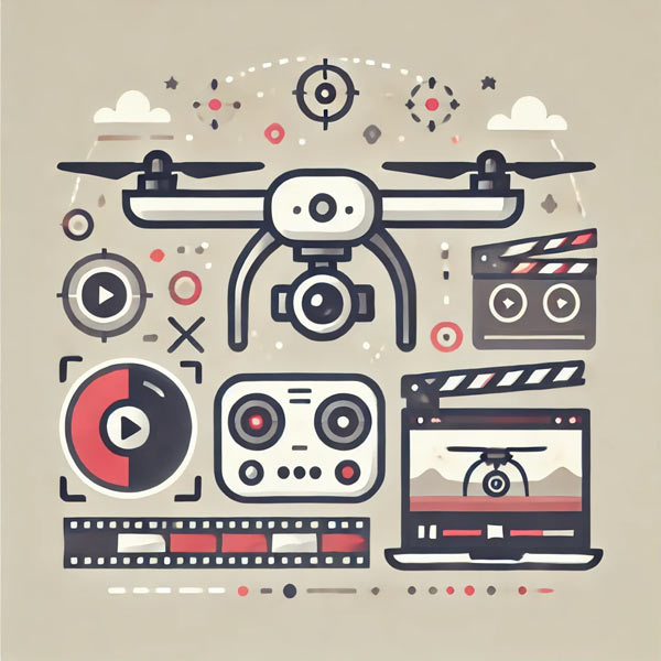 Flat, modern icon representing professional quality and expertise in drone videography, featuring a drone with a high-resolution camera, video editing tools, and film reels, symbolizing smooth footage and high-end production.