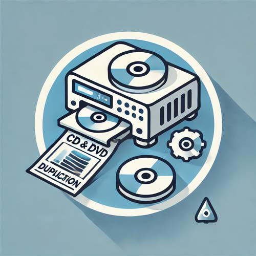 Icon representing professional quality CD and DVD duplication services, featuring a CD and DVD icon, a duplicator machine, and printing details in shades of white, blue, and gray.