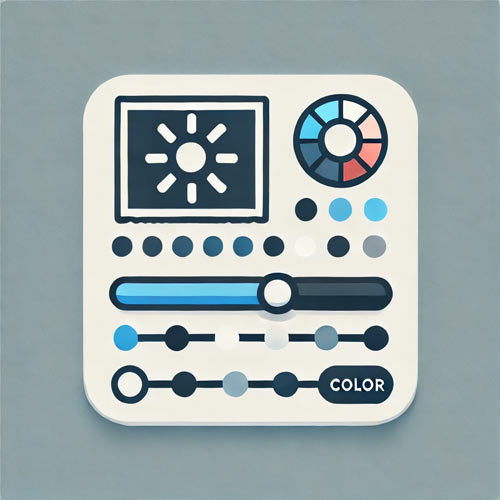Flat, modern icon representing color correction and enhancement for photo restoration, featuring a faded photo being adjusted with color sliders, a brightness icon, and a contrast tool in shades of white, blue, and gray.