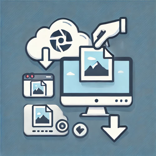 Icon representing photo preservation and digital copies, featuring a photo stored on a cloud, a computer screen displaying a photo, and a download arrow in shades of white, blue, and gray.