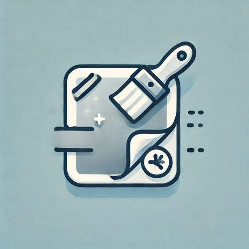 Flat, modern icon representing photo repair and cleanup, featuring a torn photo being restored with a repair tool icon and a clear, restored section, symbolizing professional photo restoration in shades of white, blue, and gray.