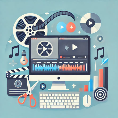Flat, modern icon representing expert video editing, featuring a film reel, computer screen displaying a video timeline, scissors, and a music note, in shades of white, blue, and gold.