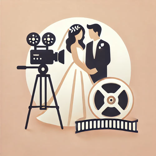 Flat, modern icon representing professional wedding filming, featuring a silhouette of a wedding couple, an HD video camera on a tripod, and a film reel in soft white, gold, and blush pink tones.